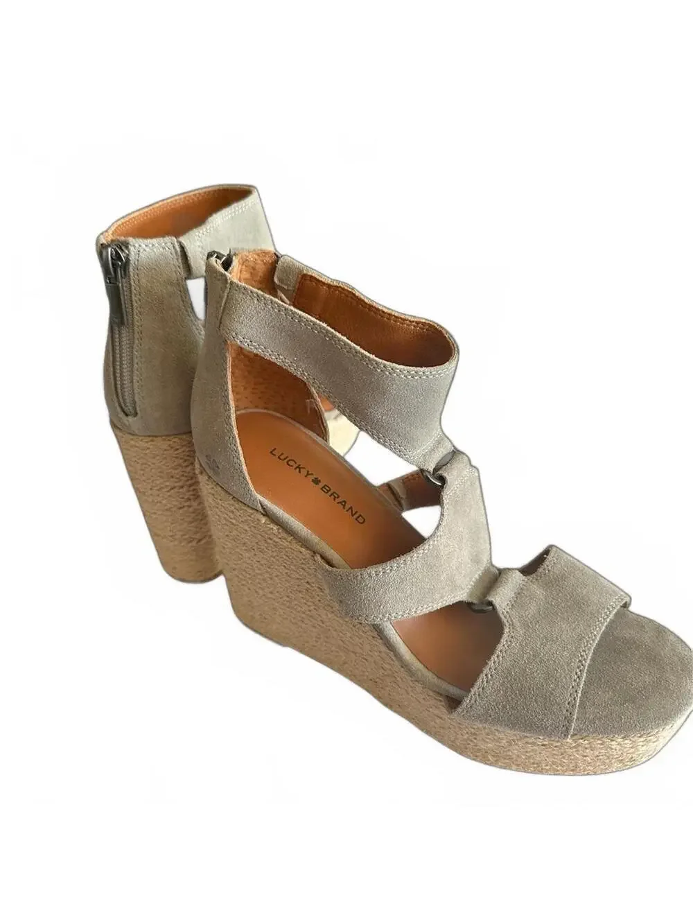 Lucky Brand Tan Suede Wedge Sandals with Espadrille Platform, size 7 1/2
